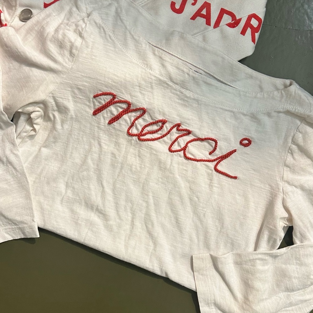 French Bundle ✈️ 🇫🇷 J’Adore Jean Jacket + Merci Shirt ♥️ Red & White - Picture 2 of 3